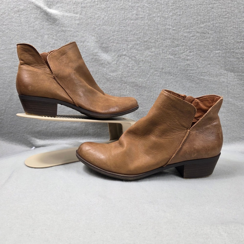 Lucky Brand Banterr Boots Womens 8M Tan Excellent Leather Ankle Booties Side Zip